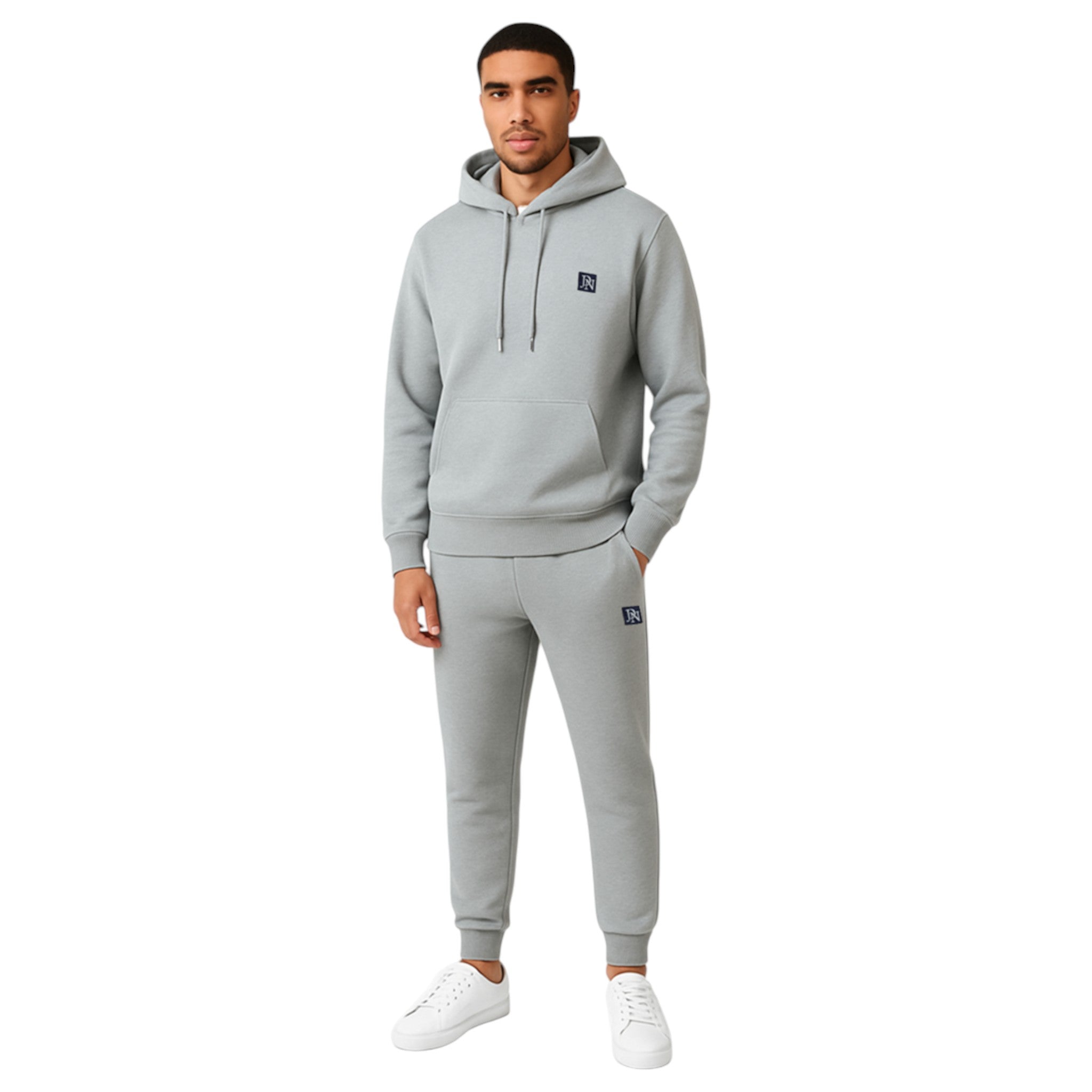 Men's JDN branded hooded tracksuit set in grey – plain hoodie with kangaroo pocket and matching joggers loungewear activewear